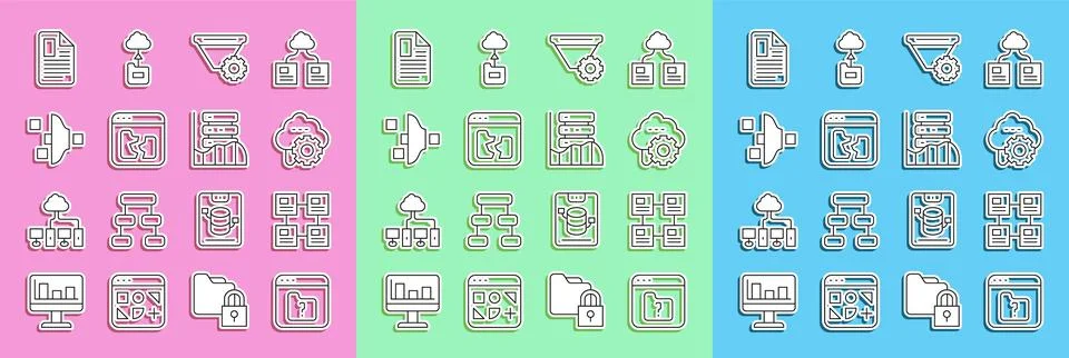 Set line File missing, Hierarchy organogram chart, Cloud technology data tr.. 스톡 일러스트