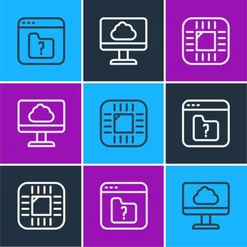 Set line File missing, Processor with CPU and Cloud technology data transfer Stock Illustration