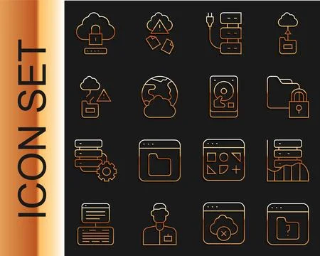 Set line File missing, Server, Data, Web Hosting, Folder and lock, Social n.. Stock Illustration