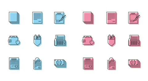 Set line Filled form, File document and paper clip, Clean, Stacks money cash 库存插图