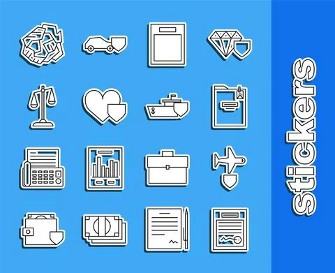 Set line Filled form, Plane with shield, Personal folder, Empty, Heart, Scales Stock Illustration