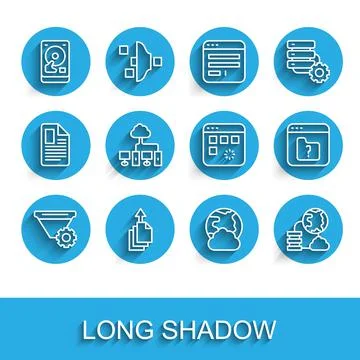 Set line Filter setting, Data export, Hard disk drive HDD, Social network Stock Illustration