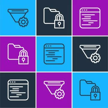 Set line Filter setting, Software and Folder and lock icon. Vector Stock Illustration