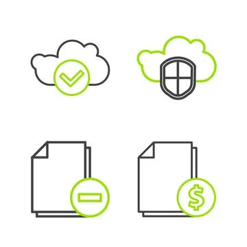 Set line Finance document Document with minus Cloud and shield and check mark Stock Illustration
