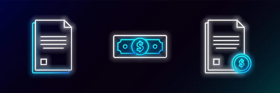 Set line Finance document, File and Stacks paper money cash icon. Glowing n.. Illustrazione stock