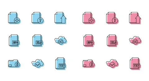 Set line Finance document folder, Cloud with check mark, Add new file, TXT, XLS イラスト素材