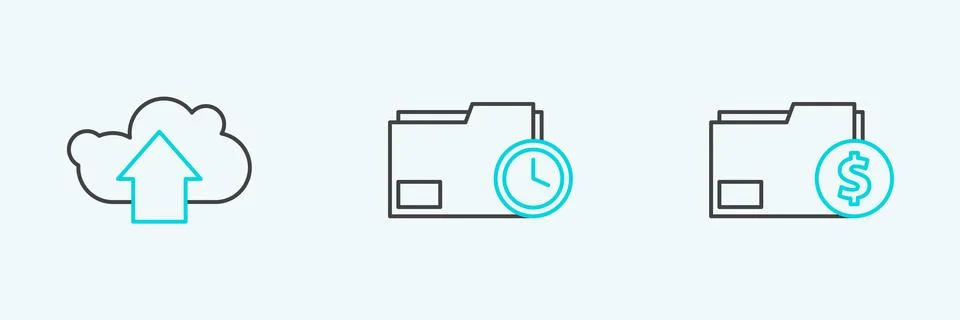 Set line Finance document folder, Cloud upload and Document with clock icon.. Stock Illustration