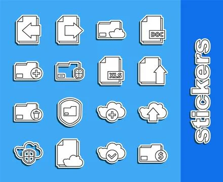 Set line Finance document folder, Cloud upload, Upload file, storage text, .. Illustrazione stock