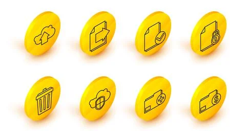 Set line Finance document folder, Add new, Cloud and shield, Trash can, Doc.. Stock Illustration