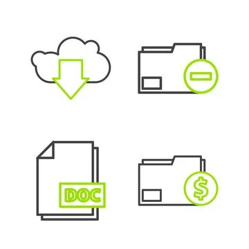 Set line Finance document folder DOC file Document with minus and Cloud downl Stock Illustration