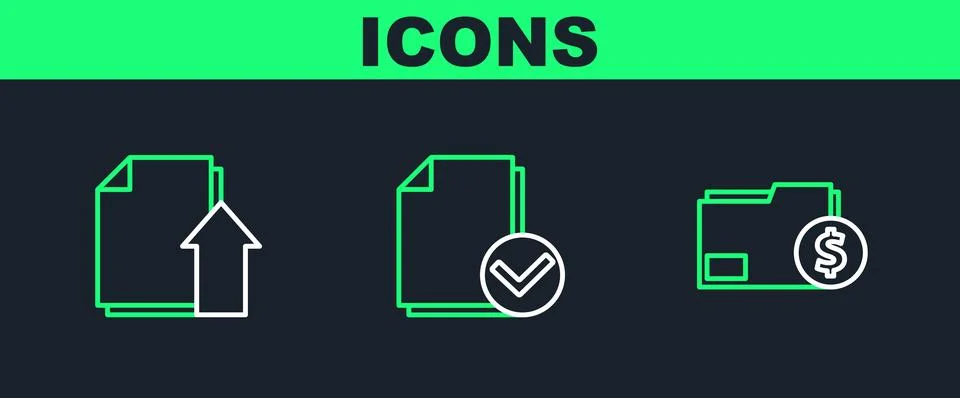 Set line Finance document folder, Upload file and Document and check mark i.. Illustrazione stock