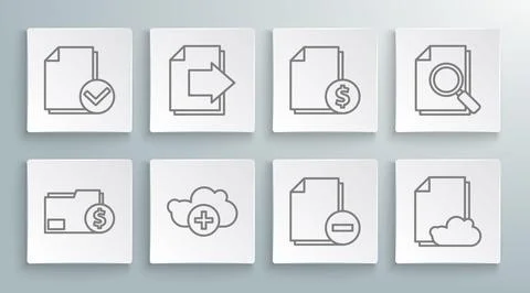 Set line Finance document folder, Next page arrow, Add cloud, Document with.. Stockillustratie