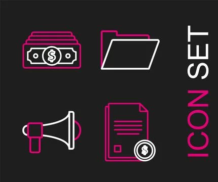 Set line Finance document, Megaphone, Document folder and Stacks paper money Illustrazione stock