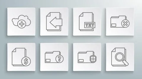 Set line Finance document, Next page arrow, Unknown folder, Document protecti Stock Illustration