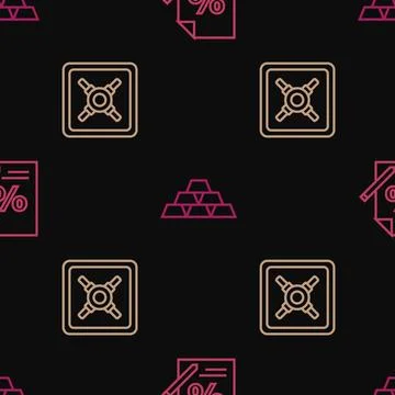 Set line Finance document, Safe and Gold bars on seamless pattern. Vector Illustrazione stock