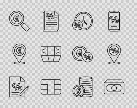 Set line Finance document, Stacks paper money cash, Clock and percent, Credit Illustrazione stock