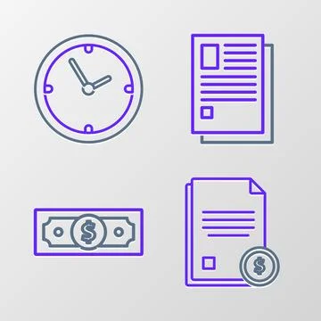 Set line Finance document, Stacks paper money cash, File and Clock icon. Vect Stock Illustration