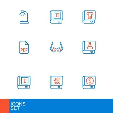 Set line Financial book, Book about ecology, Chemistry, PDF file document, .. Stock Illustration