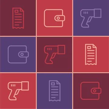 Set line Financial check, Scanner scanning bar code and Wallet icon. Vector Illustrazione stock