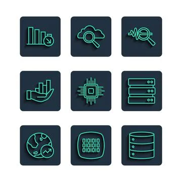 Set line Financial growth, Binary code, Server, Search data analysis, Processor Stock Illustration