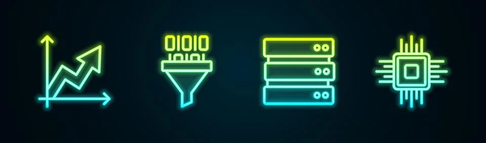 Set line Financial growth, Binary code, Server and Processor CPU. Glowing neon Stock Illustration