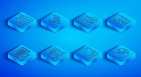 Set line Financial growth, Browser with stocks market, Server security padlock Illustrazione stock