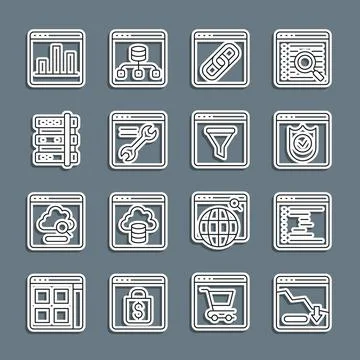 Set line Financial growth decrease, Browser window, with shield, setting, Server 库存插图