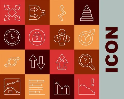 Set line Financial growth decrease, Unknown search, Arrow, Shopping bag with Stock Illustration