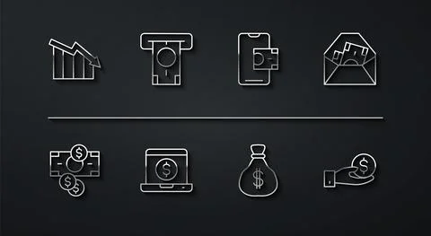 Set line Financial growth decrease, Stacks paper money cash, Envelope with Stock Illustration