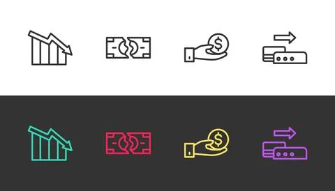 Set line Financial growth decrease, Tearing money banknote, Hand giving and Pos Stock Illustration