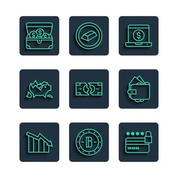 Set line Financial growth decrease, Bitcoin, Credit card with lock, Laptop 库存插图