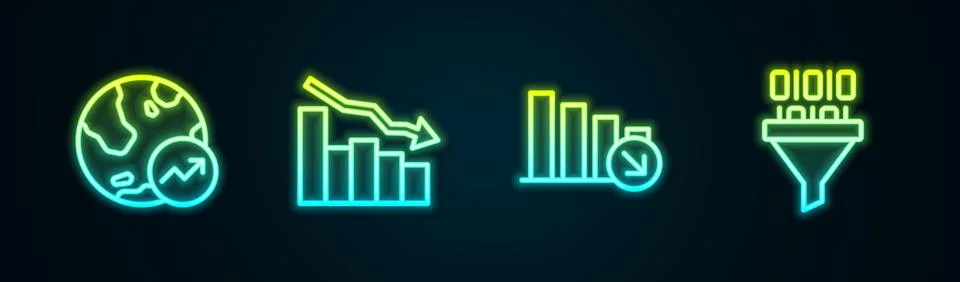 Set line Financial growth, decrease, and Binary code. Glowing neon icon. Vector Stock Illustration