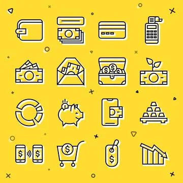 Set line Financial growth decrease, Gold bars, Money plant the pot, Credit card 库存插图