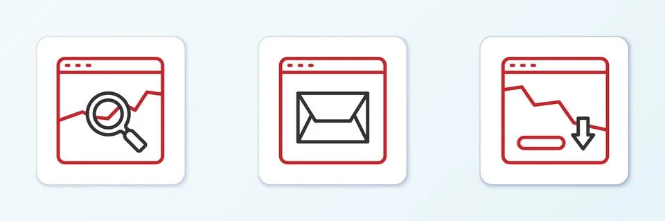 Set line Financial growth decrease, Website with stocks market and and mail icon Stock Illustration