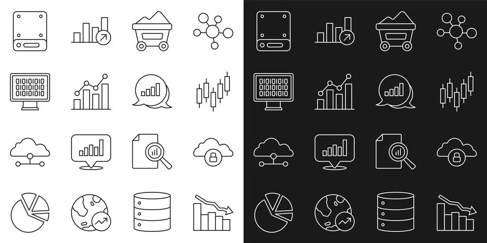 Set line Financial growth decrease, Cloud computing lock, Browser with stocks Stockillustratie