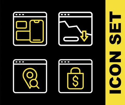 Set line Financial growth decrease, Online shopping on screen, Infographic of Stock Illustration