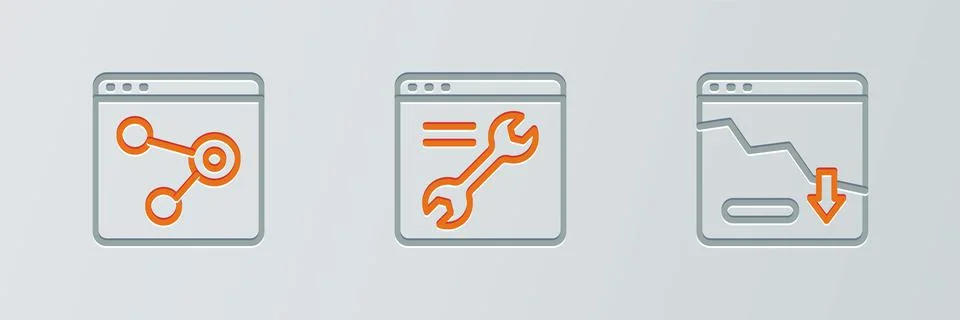 Set line Financial growth decrease, Browser window and setting icon. Vector Stockillustratie