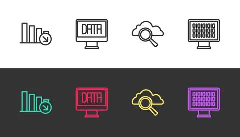 Set line Financial growth decrease, Data analysis, Search cloud computing and Illustrazione stock
