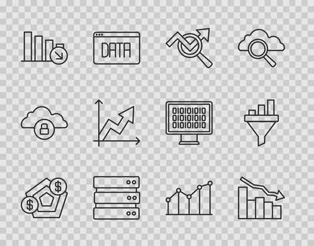 Set line Financial growth, decrease, Search data analysis, Server, Pie chart  Stock Illustration