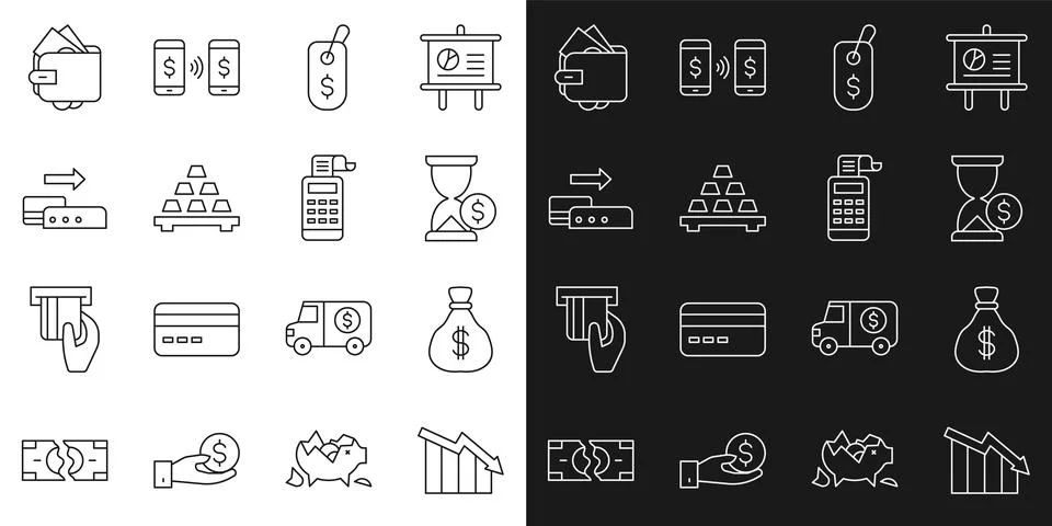 Set line Financial growth decrease, Money bag, Hourglass with dollar, Price tag 库存插图