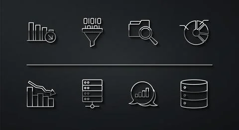 Set line Financial growth decrease, Pie chart infographic, Server, Binary code Stock Illustration