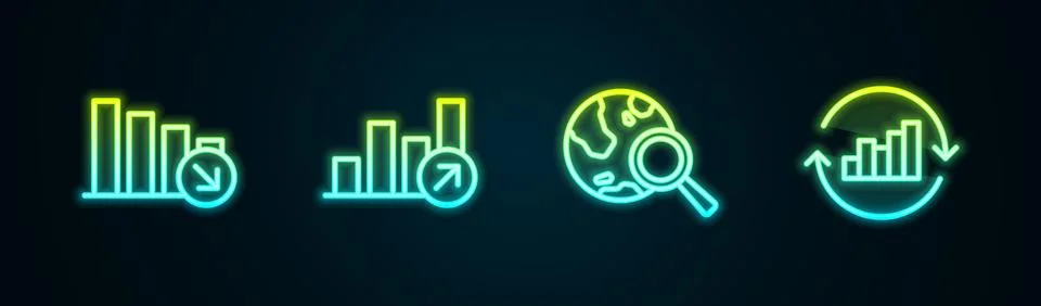 Set line Financial growth decrease, Search globe and Pie chart infographic 库存插图