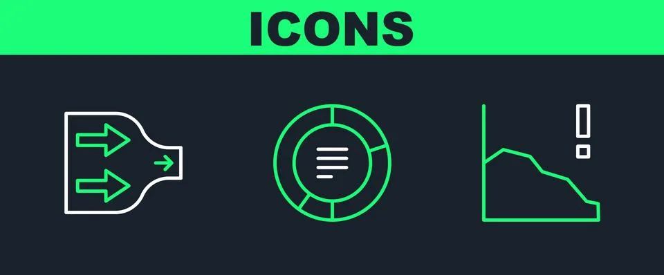 Set line Financial growth decrease, Arrow and Pie chart infographic icon. Vector Stock Illustration