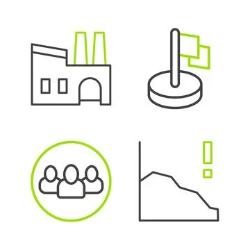 Set line Financial growth decrease, Project team base, Flag and Factory icon Stockillustratie