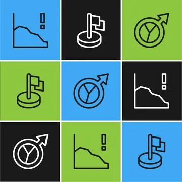 Set line Financial growth decrease,  and Flag icon. Vector Stock Illustration