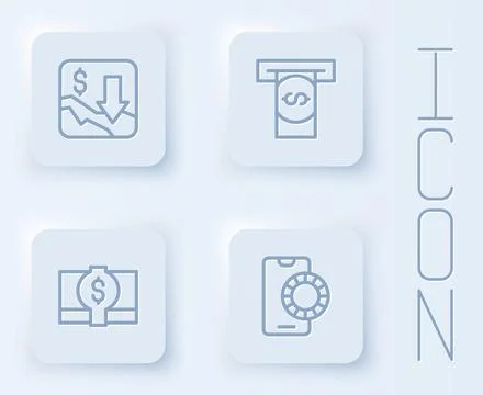 Set line Financial growth decrease Automated teller machine and money Stacks  库存插图