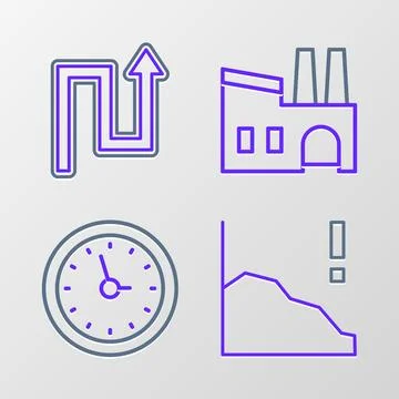 Set line Financial growth decrease, Clock, Factory and Arrow icon. Vector Stock Illustration