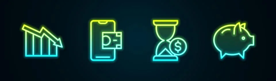 Set line Financial growth decrease, Mobile banking, Hourglass with dollar a.. 库存插图