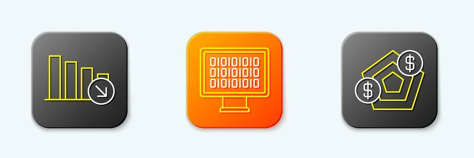 Set line Financial growth decrease, Binary code and  icon. Vector Stock Illustration