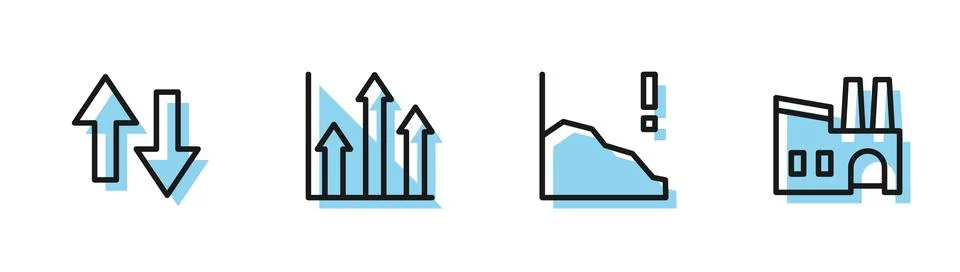 Set line Financial growth decrease, Arrow, Pie chart infographic and Factor.. Stock Illustration